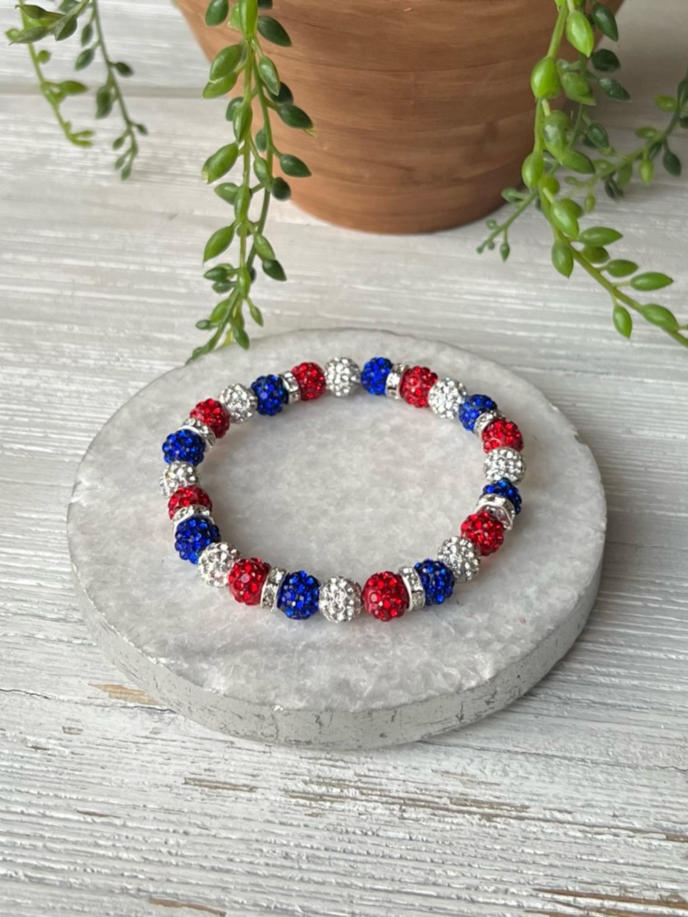 Sparkling Red, White & Blue Crystal Bead Bracelet 7 inch Patriotic Bracelet - Picture 5 of 8